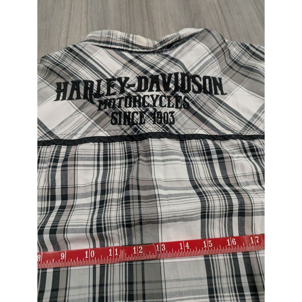 Harley Davidson Short Sleeve Plaid Button Up Shirt HDMC Graphic B&W Men's XL - Picture 7 of 8